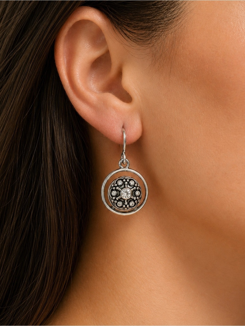 Silver Tone Rhinestone Medallion Dangle Earrings Boho Vintage Style
